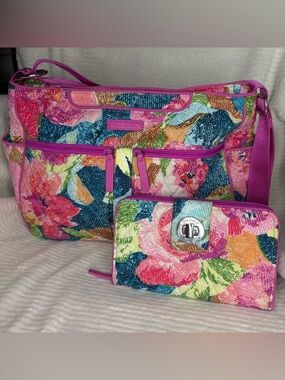 Vera Bradley Superbloom Pink Floral Shoulder Bag And Turnlock Wallet Set